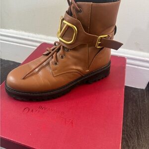Valentino Women's Brown Leather Combat Boots with Gold Buckle